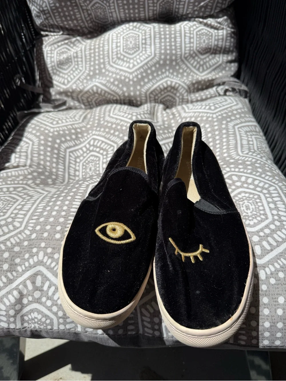 Soludos Black Velvet Slip-Ons with Gold Eye Embroidery